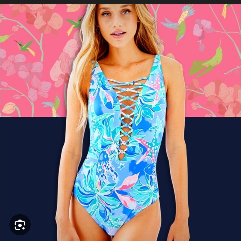 Lilly Pulitzer Bennet Blue Celestial Seas One-Piece Lattice Sz 2 New